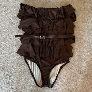Michael Kors Brown Ruffled One-Piece Swimsuit